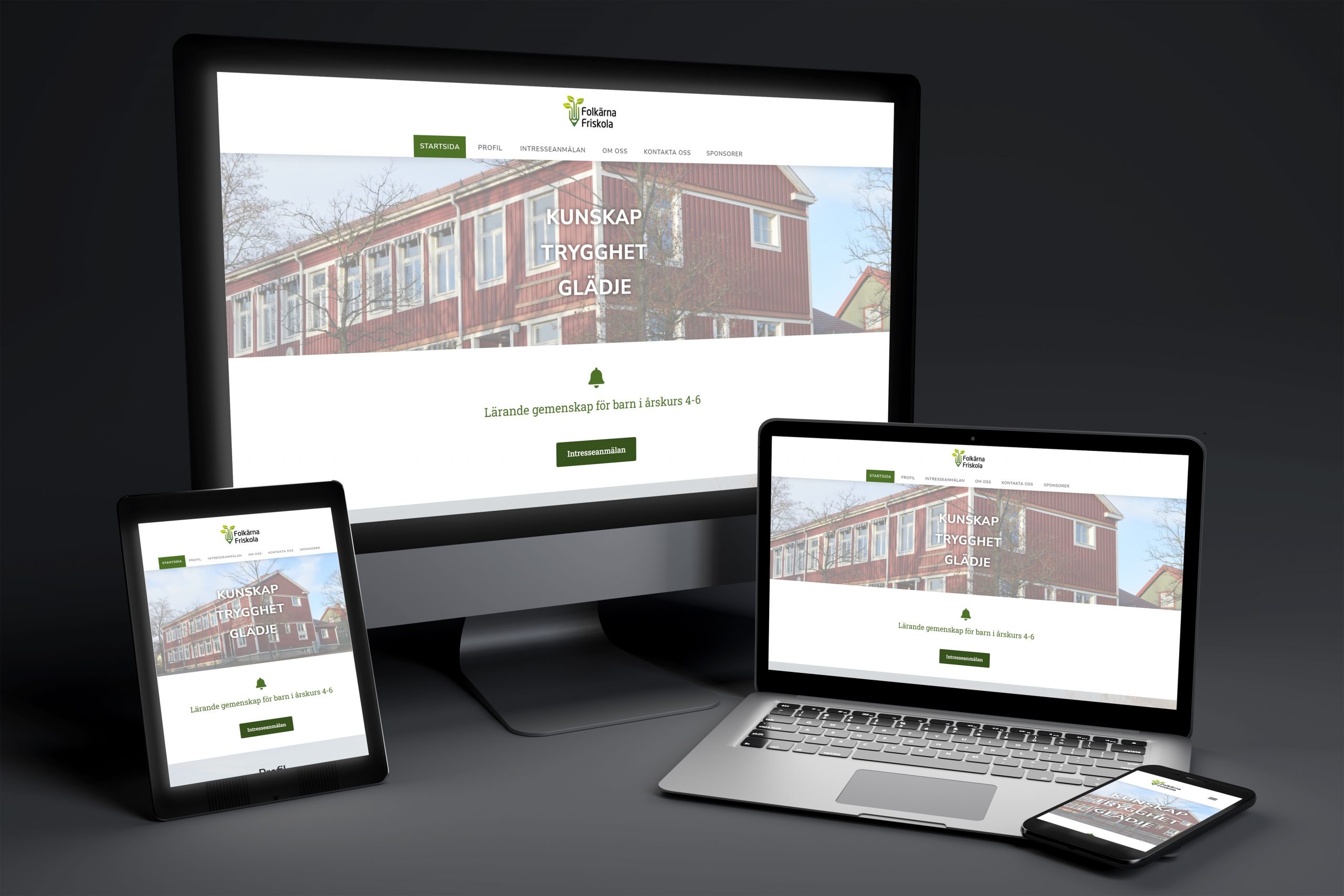 En surfplatta, mobil, laptop och datorskärm med Folkärna Friskolas webbplats på varje enhet